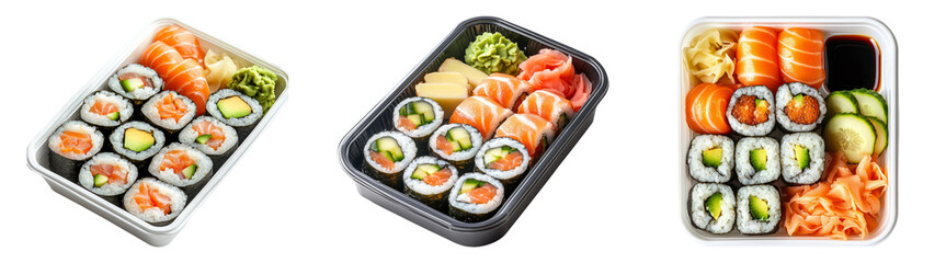 Realistic assorted sushi and sashimi platter isolated on transparent background perfect for Japanese restaurant menu food delivery promotions or culinary blogs