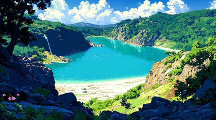 Obraz premium A breathtaking view of a serene lake nestled between verdant hills, with a cascading waterfall adding to the beauty.