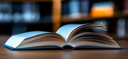 Open book on a table with blurred bookshelf in the background.