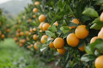 fruit orchard harvest, lines of tangerine trees laden with fruit, ready for harvest in a tranquil orchard with a gentle breeze swaying the leaves