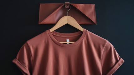 A rack of shirts, rust color t-shirt hanging on a hanger for mockup, simple rust plain tee t-shirt hanging on wooden hanger with plain background for summer tee, clothes, apparel, clothing banner.