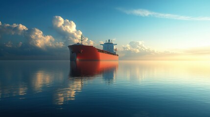 Large cargo ship navigates through calm ocean waters under a clear blue sky