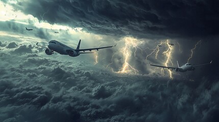 Two airplanes fly through a stormy sky with lightning strikes.