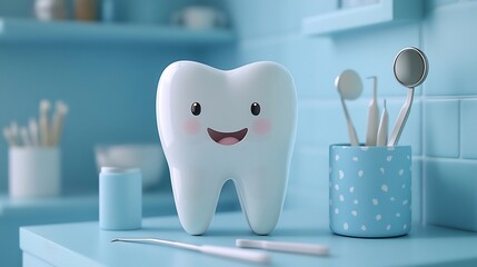 Minimalist dental hygiene banner with a detailed tooth model dental mirror and tools on a light blue background perfect for professional dental care promotions and educational purposes