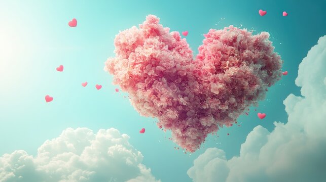Cloud creative love concept of fresh Spring flowers in the sky background. Love, happy Valentine's Day an exploding bouquet. Pastel blue background. Illustration.