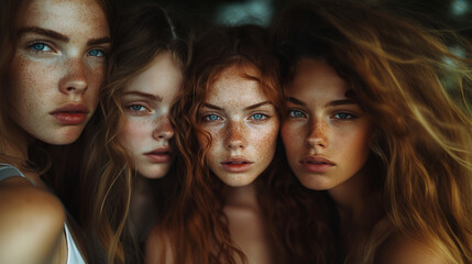 Obraz premium Three faces pressed against each other, with freckles and closed eyes, are shrouded in warm light, the skin shines with moisture, emphasizing the tenderness of the moment.