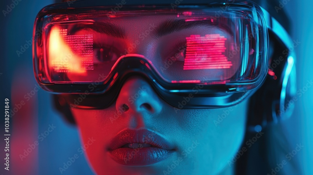 Poster woman using digital device technology googles headset looking into the world of metaverse virtual re