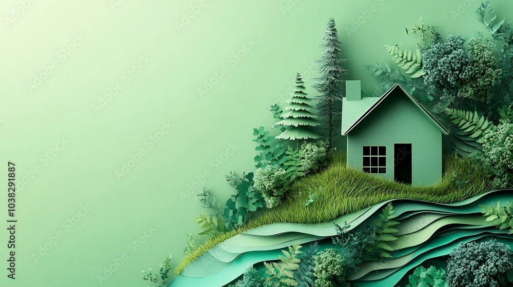 Poster minimalist design showcasing a green paper house icon on a soft green gradient background representi
