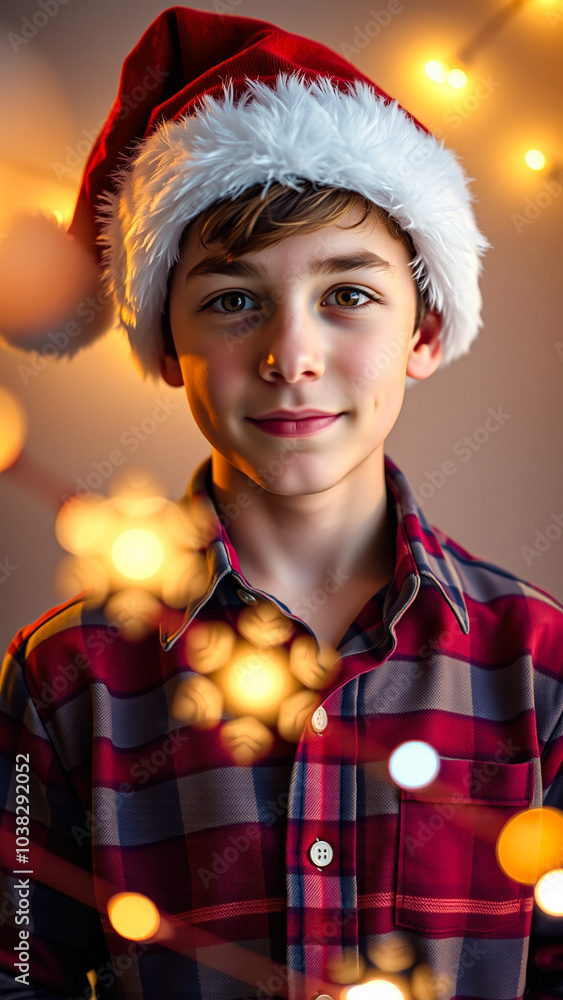 Poster boy wearing a santa hat smiles at the camera