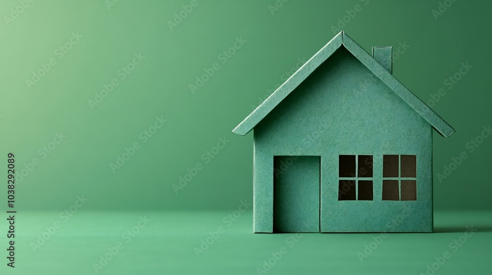 Poster minimalist design showcasing a green paper house icon on a soft green gradient background representi