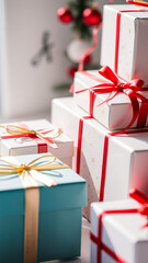 stack wrapped gifts decorated with red gold ribbons