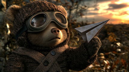 Snarky baby bear in aviator goggles, flying a paper plane in a surreal sky, exaggerated 3D cartoon style with abstract sunset and floating clouds 