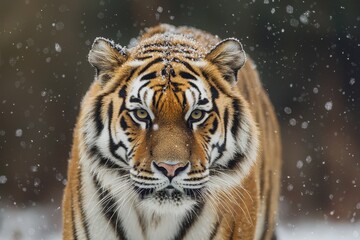 Siberian Tiger Walking in Snowy Environment