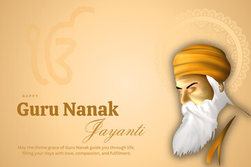 Guru Nanak Jayanti greeting, beige in background, guru Nanak ji painting with mandala in background and quote for the day