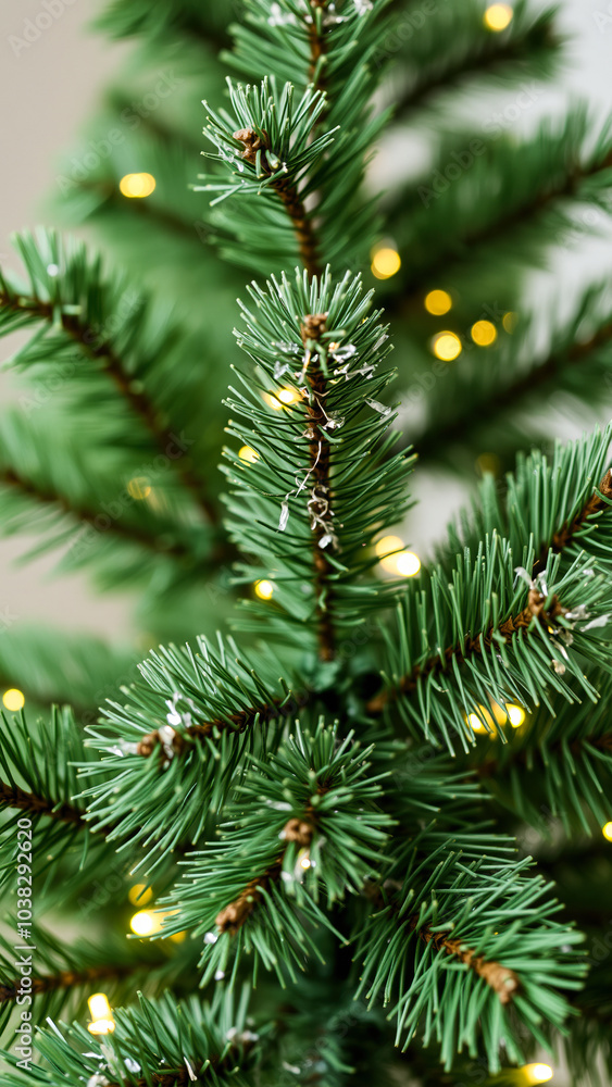 Poster close- a pine branch adorned with string lights