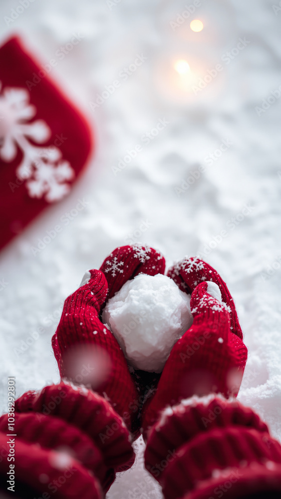 Poster red gloves grasp a snowball a winter scene