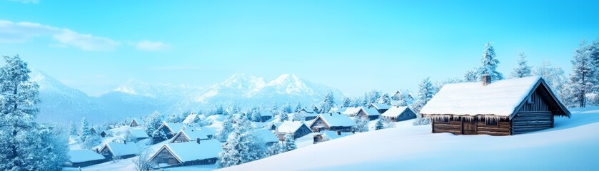 Fototapeta premium Snowy village landscape under a clear blue sky with mountains in the background.