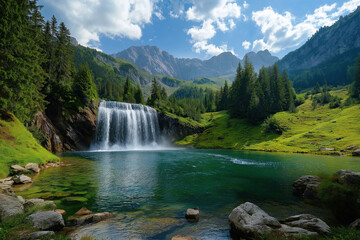 Fototapeta premium landscape of austria, waterfall in the alp mountains surrounded by green grass and lush forest, blue sky with white clouds, photorealistic