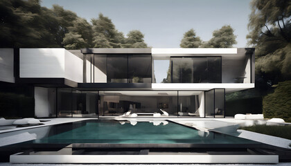 Fototapeta premium Modern villa with stacked volumes, glass windows, and minimalist garden design