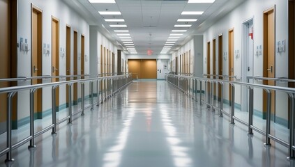 Dynamic tracking shot through a modern hospital's sterile, Hospital corridor, An empty hospital hallway, showcasing rows of closed doors,  polished floors, created with generative ai