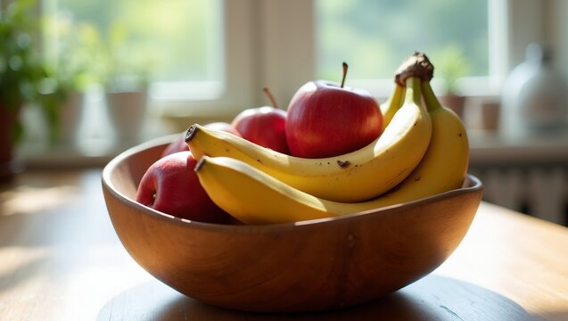 Fresh ripe bananas and shiny red apples in a wooden bowl on a sunlit breakfast table