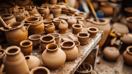 A meticulously arranged pottery workshop, Clay pots in various stages of creation, Artisanal craft style