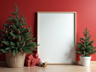 A cozy holiday setting with festive trees, red wall background, and empty frame ready for decorations