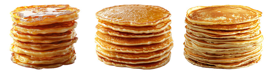 Realistic stacks of pancakes with syrup isolated on transparent background perfect for breakfast menu designs or food advertisements
