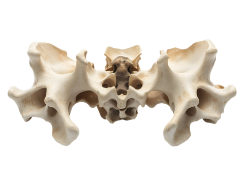 close-up of the lumbar vertebrae showing the detailed bone structure and complex anatomy on isolated background
