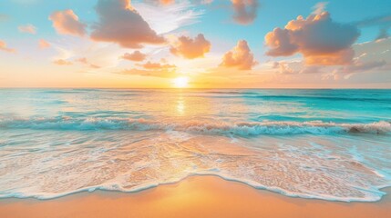 Fototapeta premium A serene beach at sunset, with golden sand 