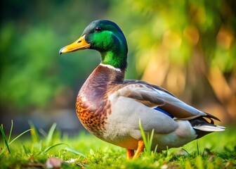 Obraz premium a duck is standing in the grass with a green head.