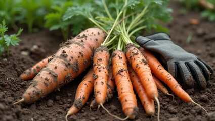 Harvested sweet potatoes and carrots with soil next to gardening gloves