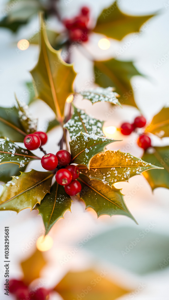 Poster holly branch with red berries snow