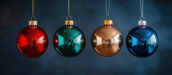 Four Christmas ornaments hanging on a string against a blue background.