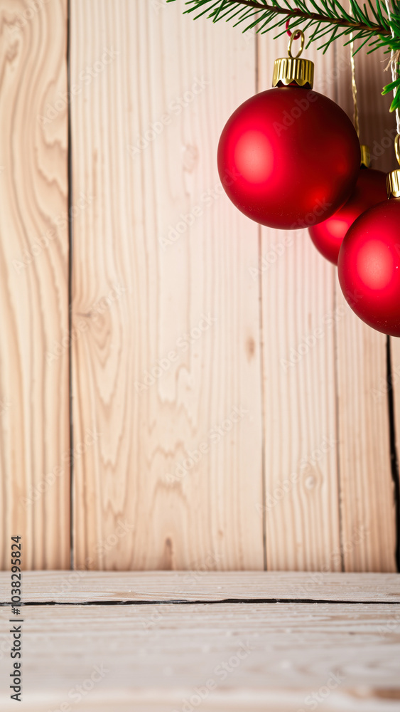 Sticker three red ornaments hanging from a pine branch