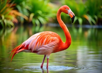 Fototapeta premium a flamingo is standing in the water with a pink beak.