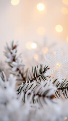 frosted evergreen branch with a silver snowflake ornament