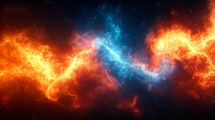 Abstract fiery and icy background with blue and orange flames.