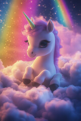  white baby pegasus unicorn sitting on colorful clouds, a rainbow in the sky, in a cute, fluffy style