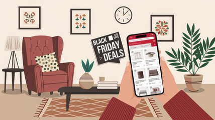 Obraz premium cozy living room with plush armchair and smartphone displaying deals