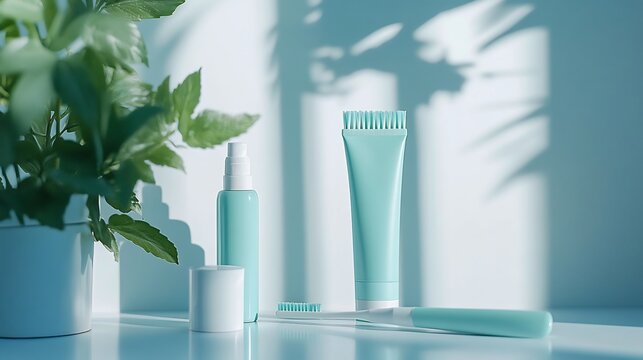 Minimalist scene featuring a dental hygiene set including an elegant toothbrush organic toothpaste and floss against a smooth light backdrop perfect for a health day awareness campaign