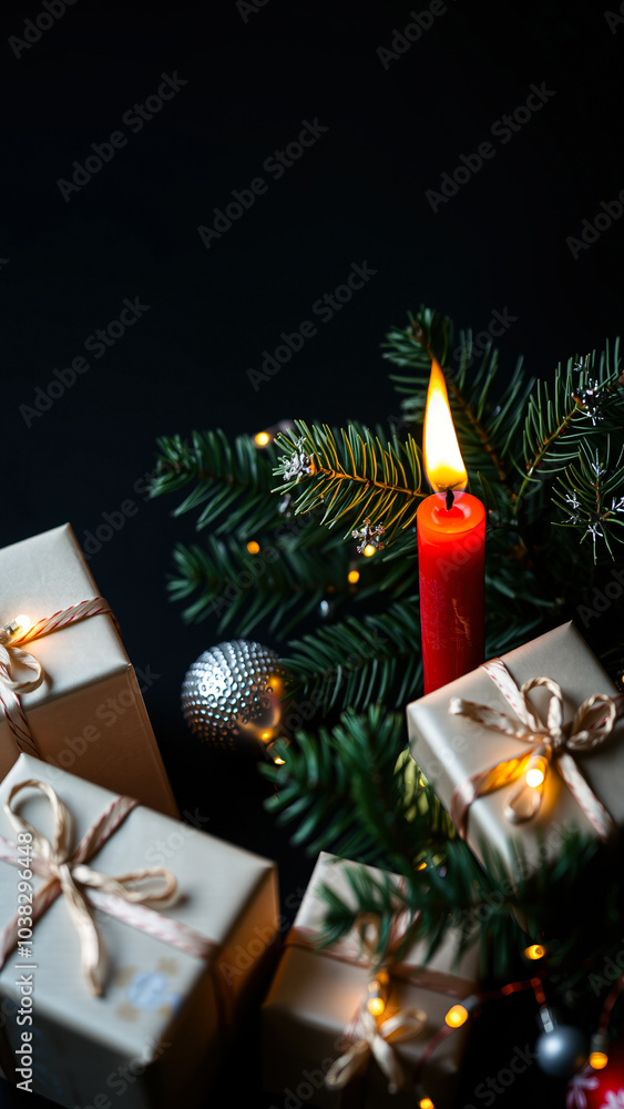 Poster red candle burns brightly amidst presents evergreen branches