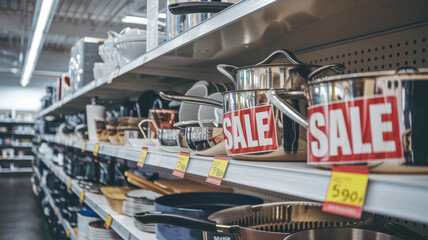 Fototapeta premium close up shot of shelf displaying cookware on sale, showcasing various pots and pans