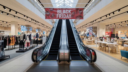 Modern department store interior with escalators and Black Friday sale