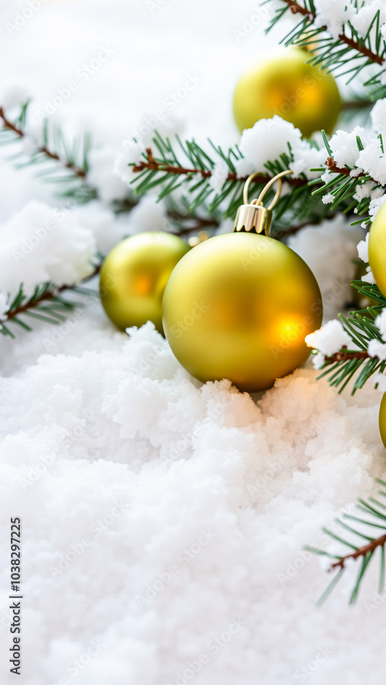 Sticker golden christmas ornaments resting on a snowy evergreen branch