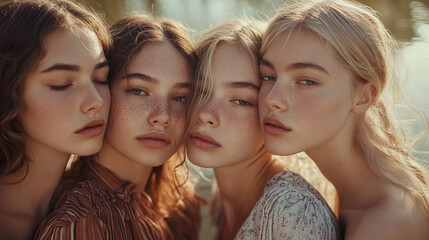 Fototapeta premium The faces of girls with delicate freckles and closed eyes express peace and unity with nature by a calm lake.