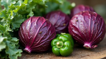 Vibrant red cabbage and green bell peppers on rustic wooden table