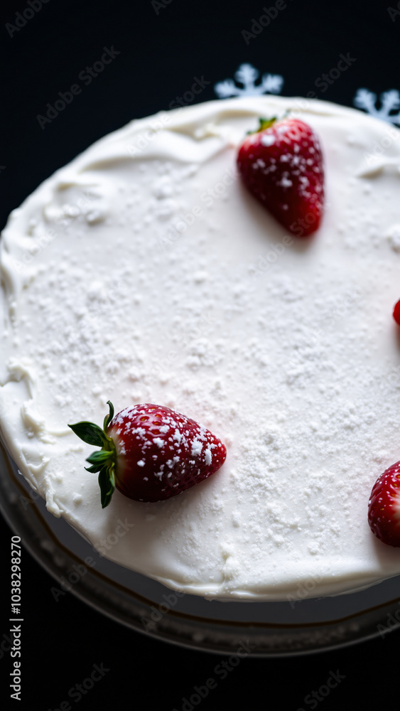 Sticker white frosted cake with red strawberries