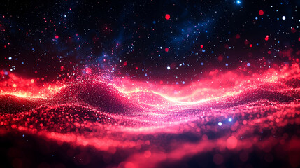 Abstract red and blue glowing particles with blurry light effect on dark background.
