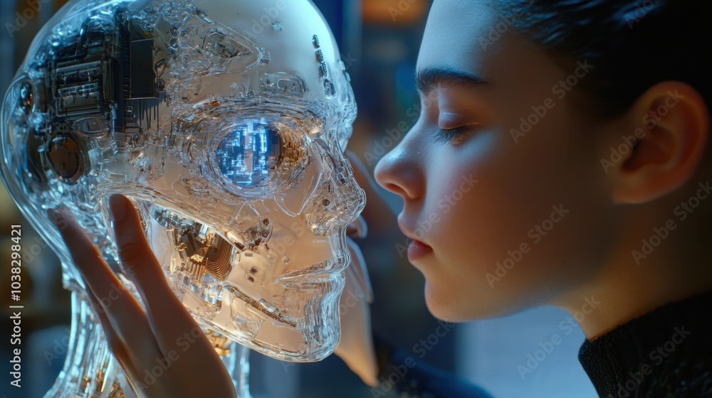 Poster close-up of a robot face with human interaction